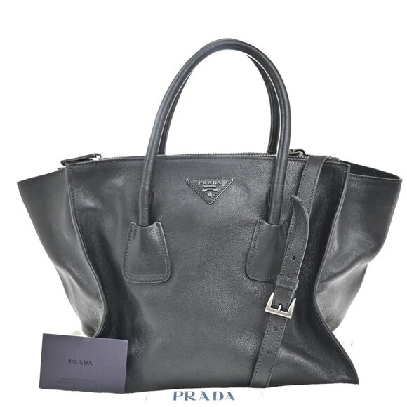 PRADA Logo 2Way Shoulder Hand Bag Leather Black 12EF048 - Picture 1 of 15